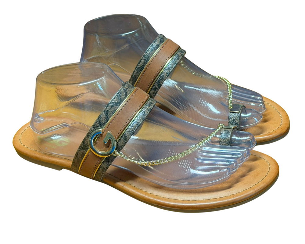 G By Guess GBG Sz 10 Lanyara Flat Sandals Gold Chain & Toe Ring Neutral Brown